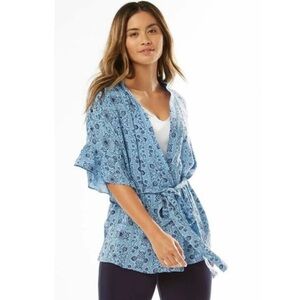 Ruby Ribbon Blue Bandana Ruffle Top Kimono Wrap Size Large Boho Coastal